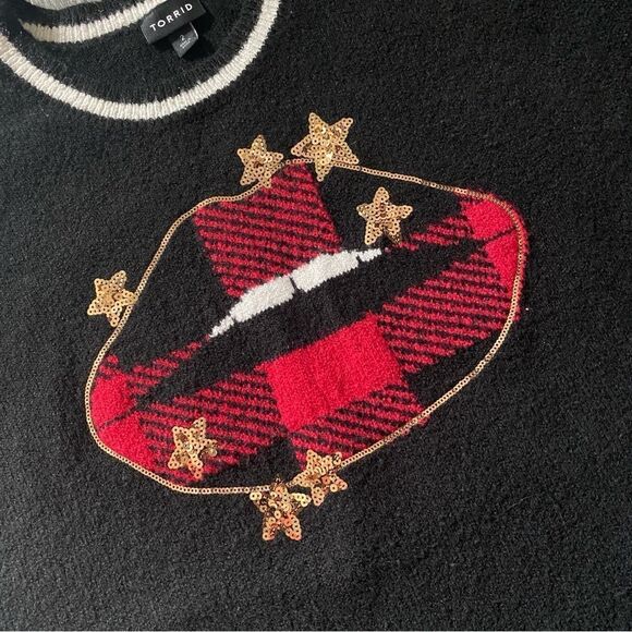 TORRID Sweater Plaid Lips Black Maroon Red Gold Sequins Stars - Picture 5 of 12